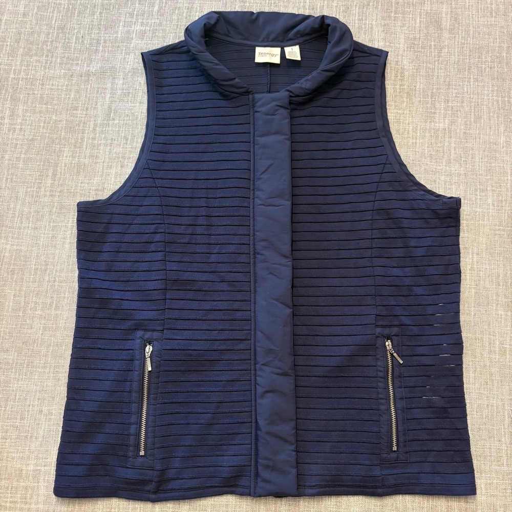 Chicos Zenergy Navy Blue Ribbed Knit Full Zip Vest Pockets Size 1 M 8-10